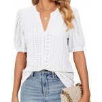 Elegant fashionable women's white blouse with short sleeves and embellishments
