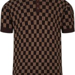 OXKNIT Knit Men's Polo Shirts Short Sleeve Vintage Brown Checkered Pattern Casual Golf Shirt Tops with Quarter Button