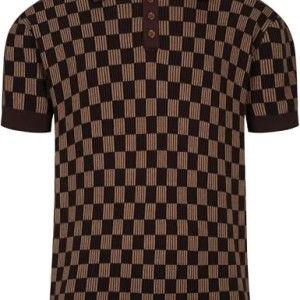OXKNIT Knit Men's Polo Shirts Short Sleeve Vintage Brown Checkered Pattern Casual Golf Shirt Tops with Quarter Button