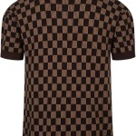 OXKNIT Knit Men's Polo Shirts Short Sleeve Vintage Brown Checkered Pattern Casual Golf Shirt Tops with Quarter Button