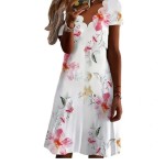 Women's midi dress flared summer floral motif white breathable