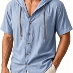 Men's Linen Shirts Short Sleeve Hoodie Summer | Drawstring, Relaxed Fit, Lightweight, Breathable Material, Beach and Vacation Wear