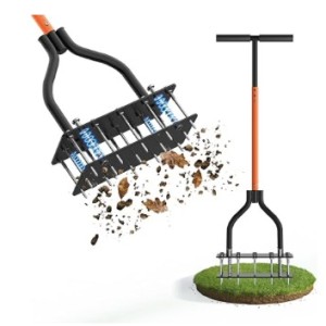 Lawn Aerator Tool with Dual-Layer Self-Cleaning Spikes, 15 Spike Heavy Duty Manual Lawn Aerator for Compact Soil