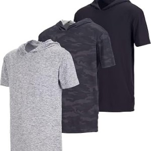 3 Pack Boys' Dry Fit Short Sleeve Hoodie Athletic Hooded Sweatshirt Youth