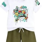 Boys Summer Clothes Graphic Short-Sleeved T-Shirt & Shorts Set 2 Piece Toddler Kid Outfit Size 5-10