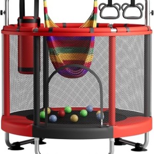 ZCMHAXJ 55" Trampoline for Kids with Enclosure, 440lbs Capacity Indoor & Outdoor Toddler Trampoline with Adjustable Gymnastics Bar & Toys