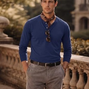 Men's Henley Shirts Cotton Long Sleeve Shirt with 3-Button