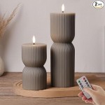 Taupe Ribbed Flameless Pillar Candles with Remote Set of 2