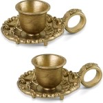 HOME Vintage Gold Taper Candle Holders Set of 2, Handle & Drip Tray