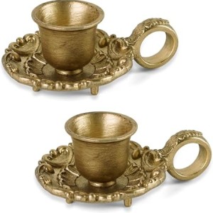 HOME Vintage Gold Taper Candle Holders Set of 2, Handle & Drip Tray